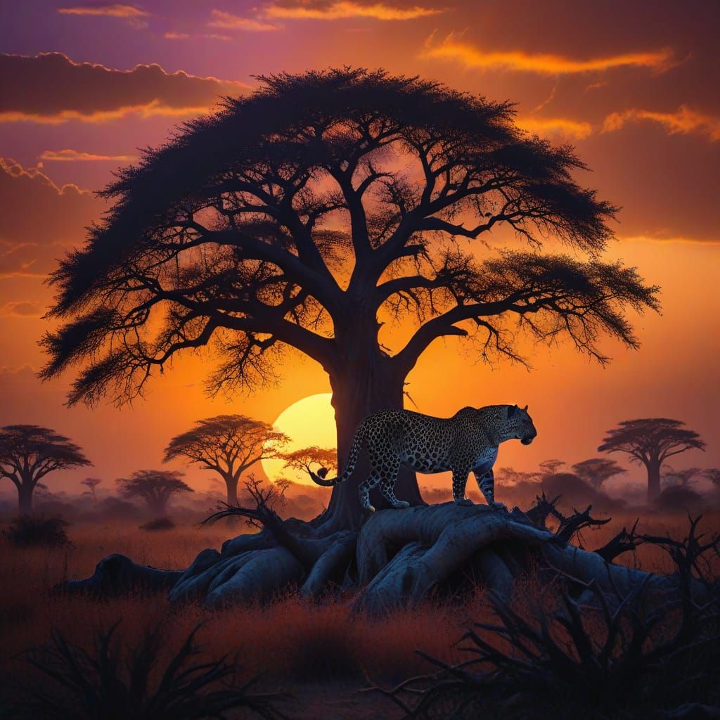 Leopard Silhouette in Baobab Tree at Sunset