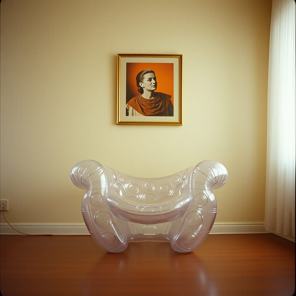 Vibrant 1960s Inflatable Armchair in Cinematic Film Still
