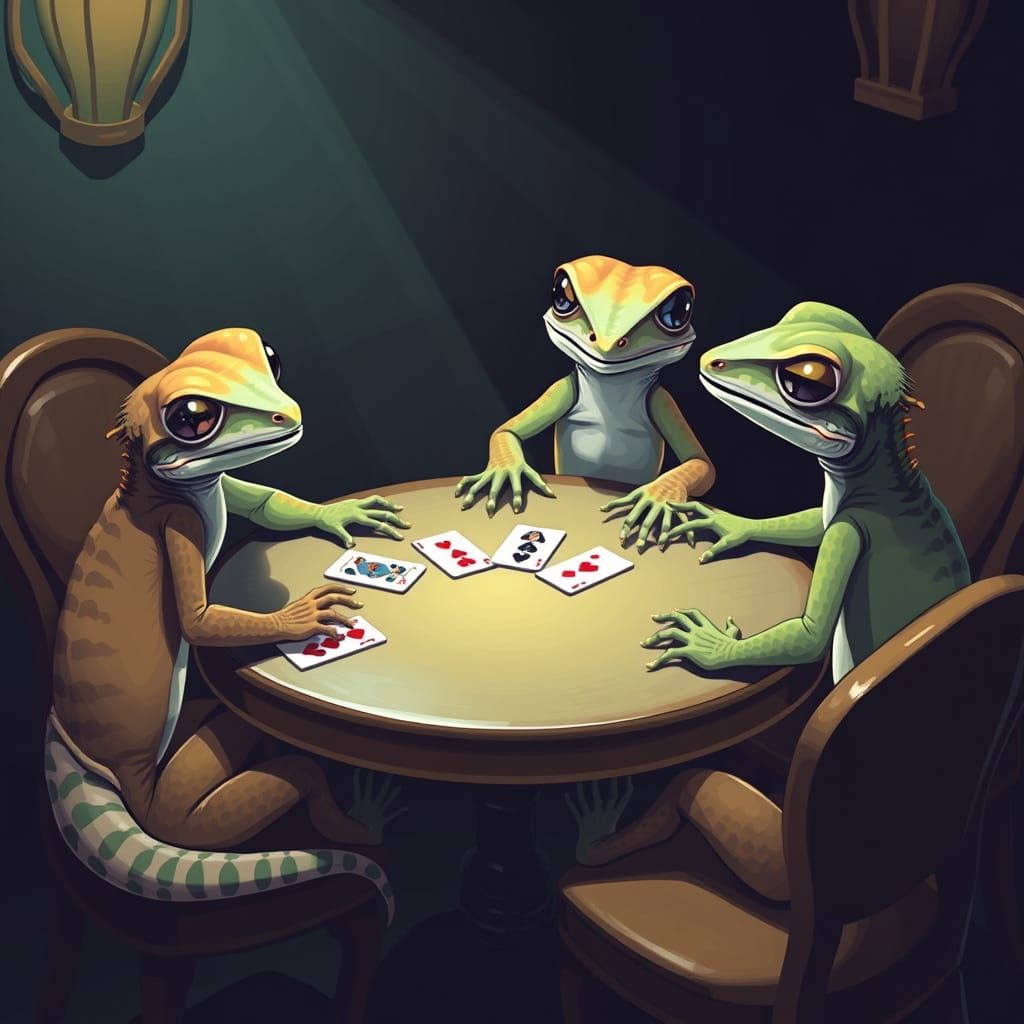 Geckos Gather for a Round of Cards in Whimsical Gathering