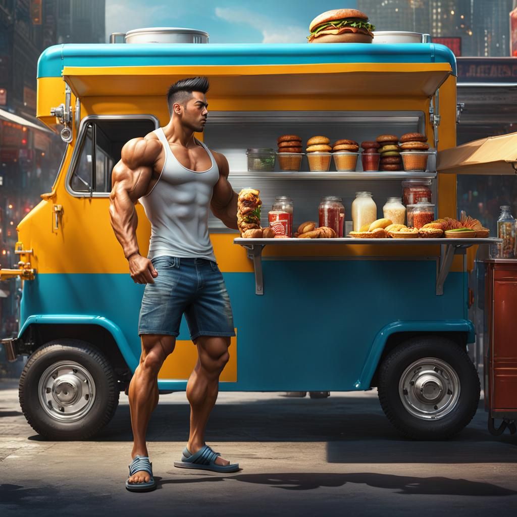 Muscular Man Ready to Order at Food Truck