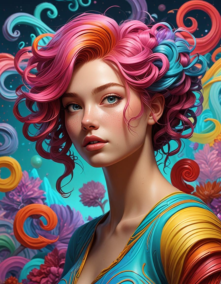 A beautiful girl with a vibrant, multicolored hairstyle