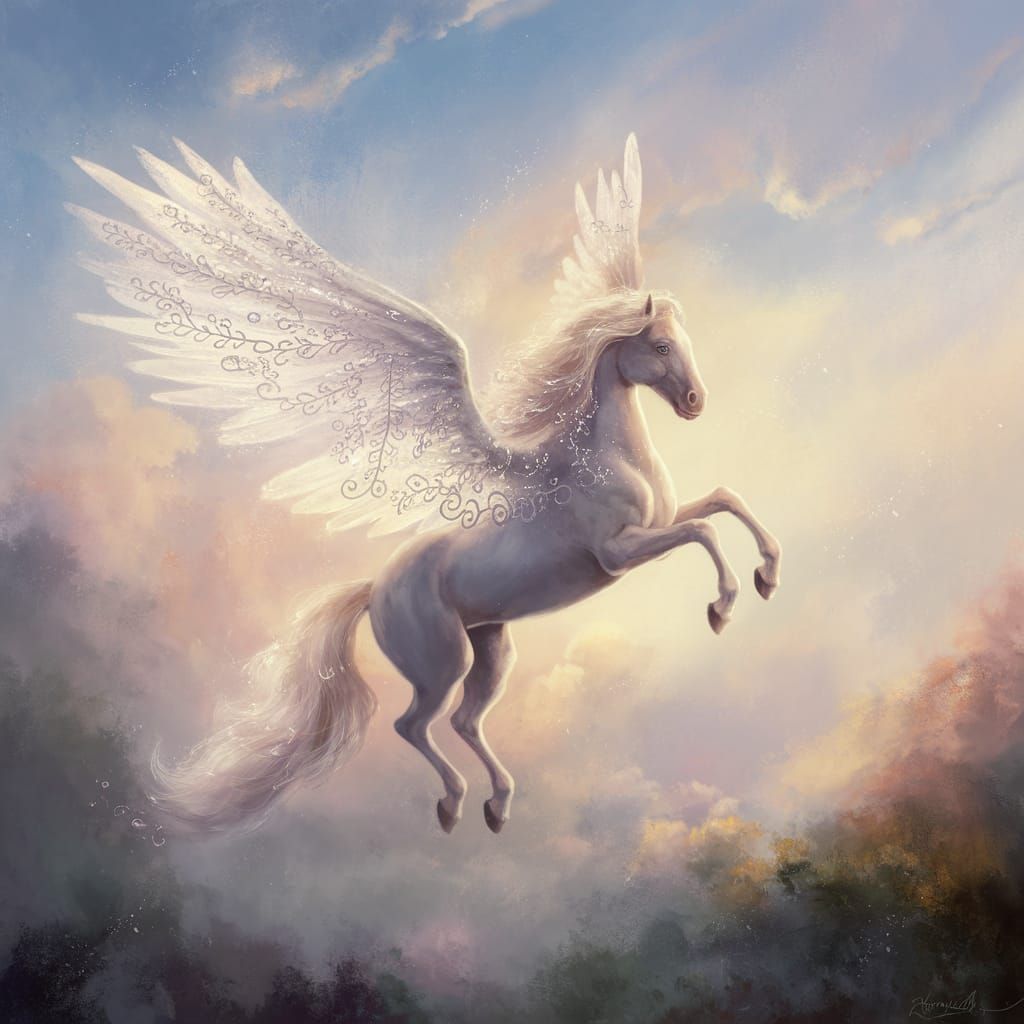 Gentle Pegasus Takes Flight in Whimsical Fantasy Scene