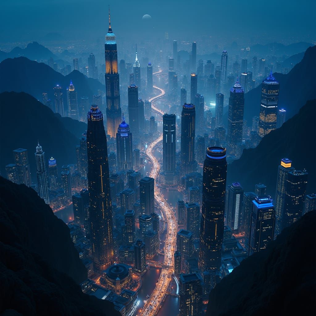 Hyper-Dense Asian Megacity at Night in Cobalt and Gold