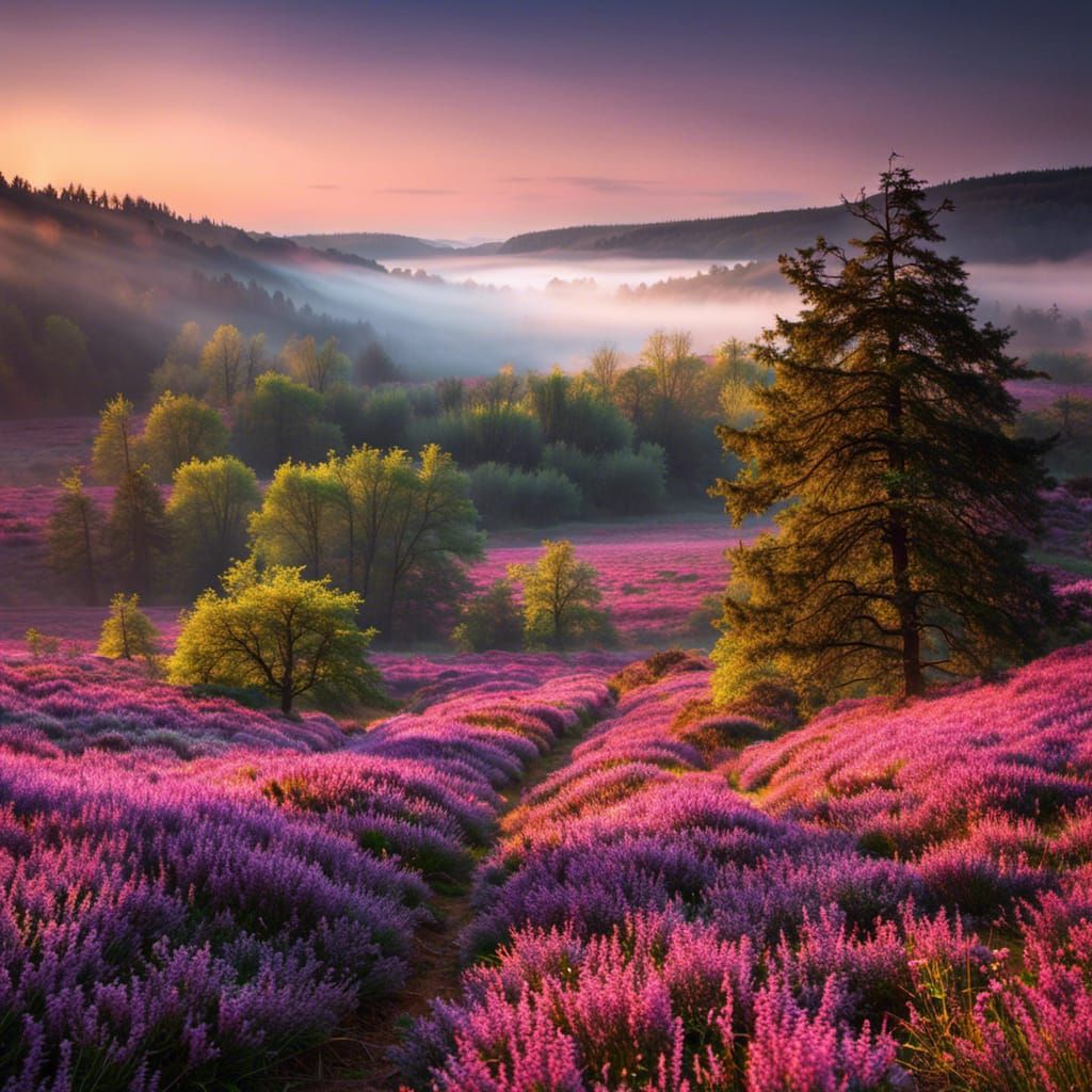 Blooming Heather in Morning Mist Digital Art