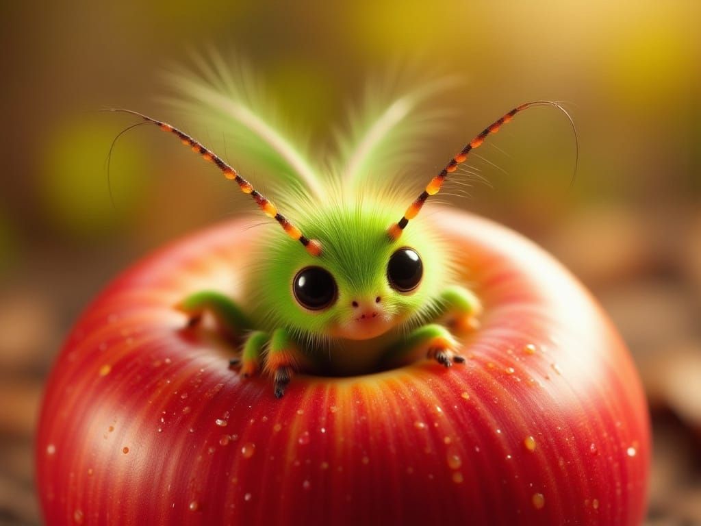 Whimsical Green Caterpillar Emerges from Apple in Earthy Sty...