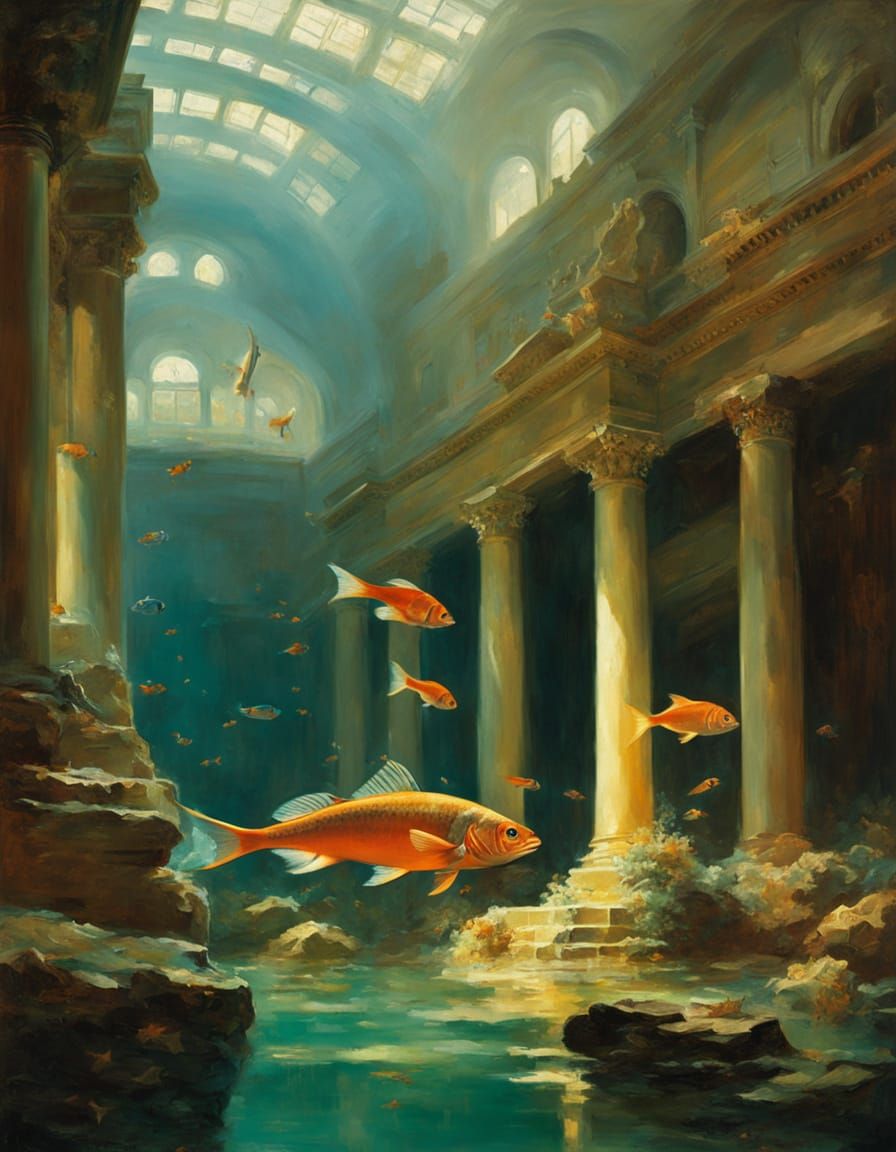 Underwater Metropolis in Oil Painting Style