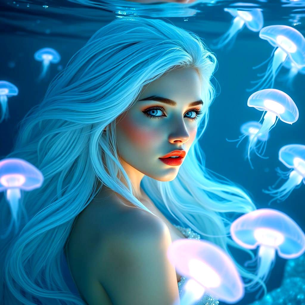 Glowing Mermaid Goddess Amidst Underwater Radiance
