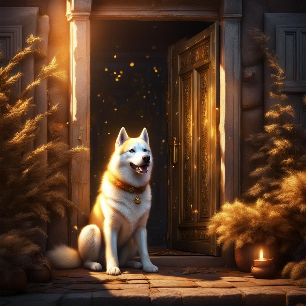 Golden Husky Radiating Joy at Doorway