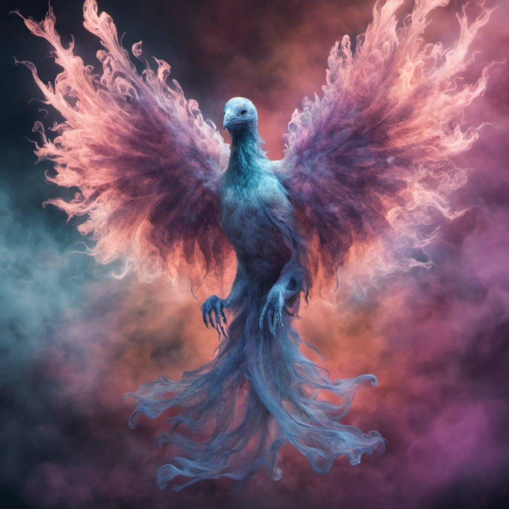 Bioluminescent Ghost Phoenix in Glassblown CGI Style