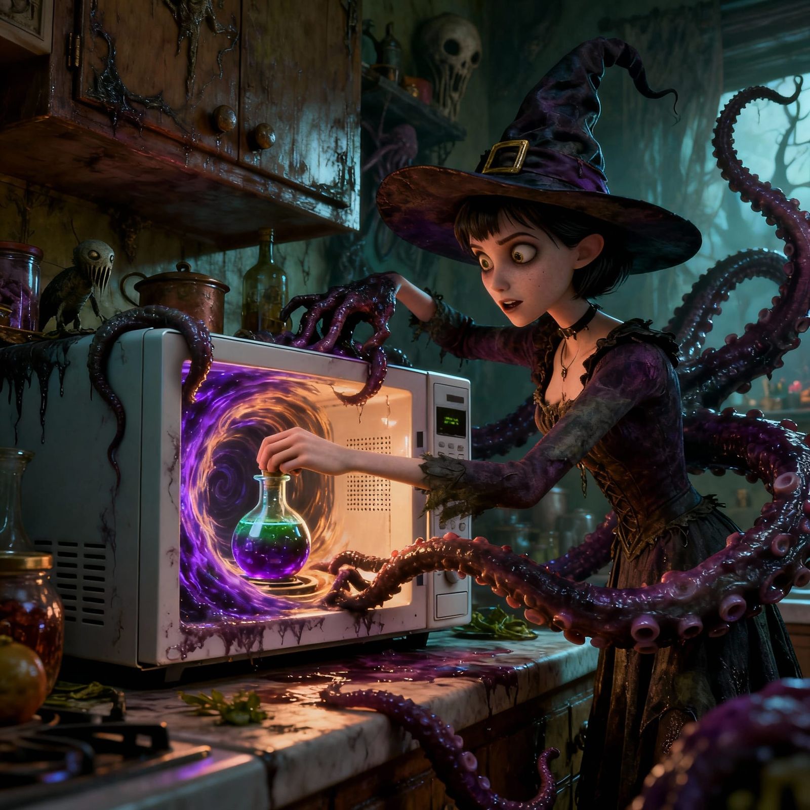 Witch Opens Portal, Tentacles Emerge in Dark Fantasy Concept...