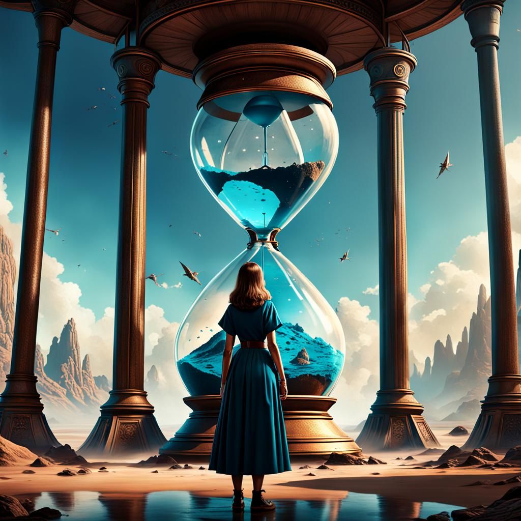 Woman Confronts Hourglass Figure: Detailed Matte Painting