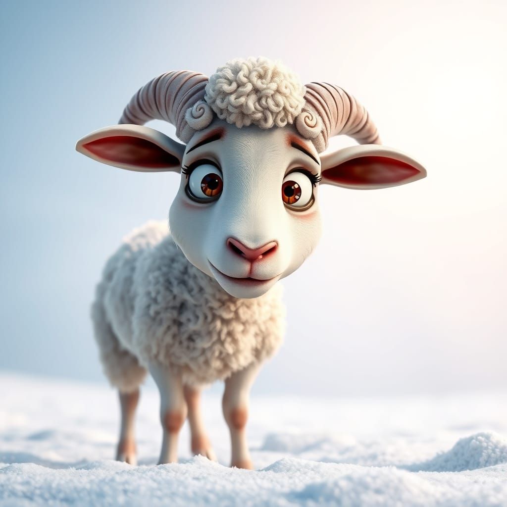 Pixar-Style Sheep with Crazy Expression in Snow