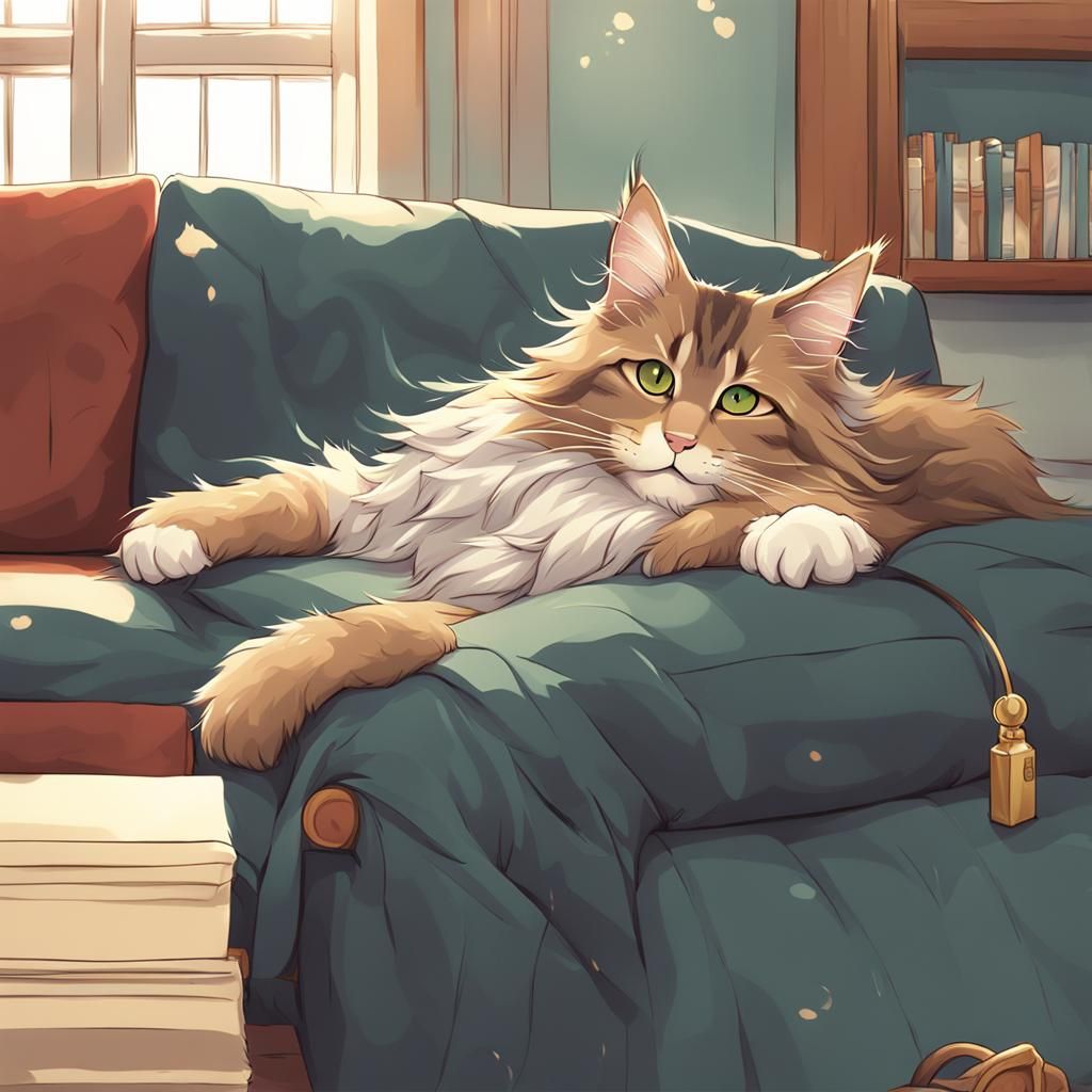Mainecoon Cat on Couch in Anime Style