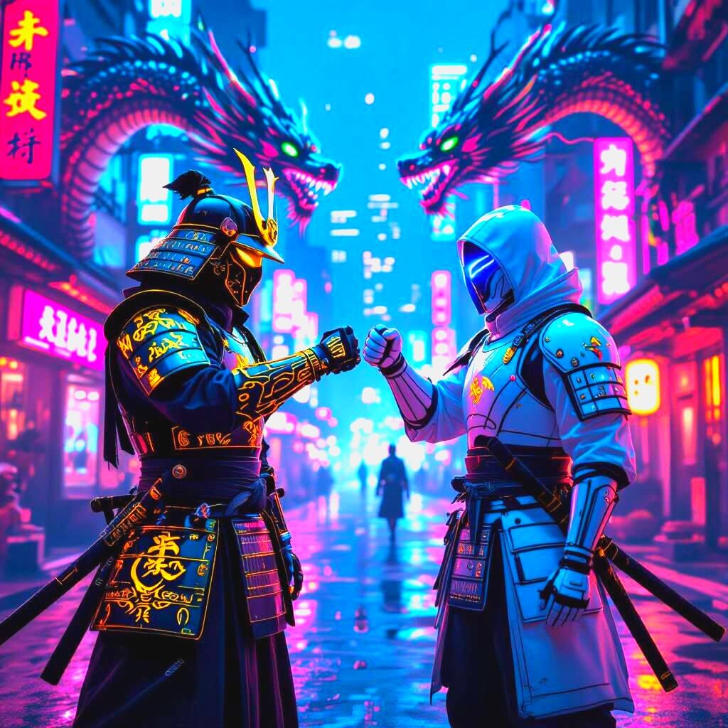 Samurais Fist Bump in Cyberpunk Cityscape