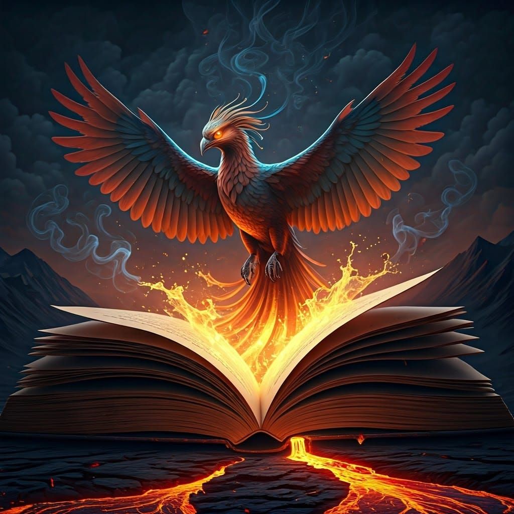 Majestic Phoenix Emerges from Burning Book in Cinematic Styl...