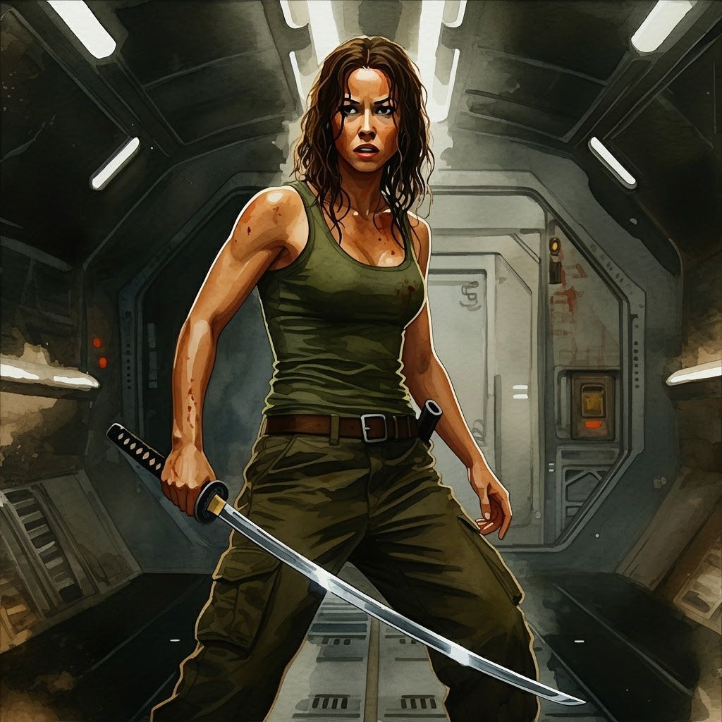 Sci-Fi Warrior with Sword in Impressionistic Watercolor