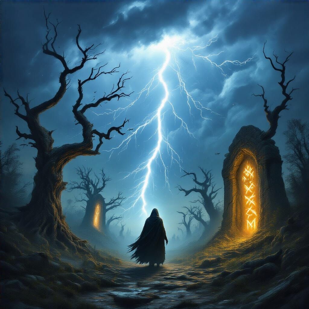 Eerie Cloaked Figure Amidst Lightning and Runes