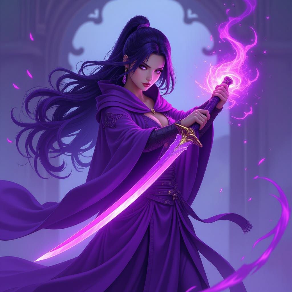 Warrior Girl with Violet Sword in Vibrant Lighting