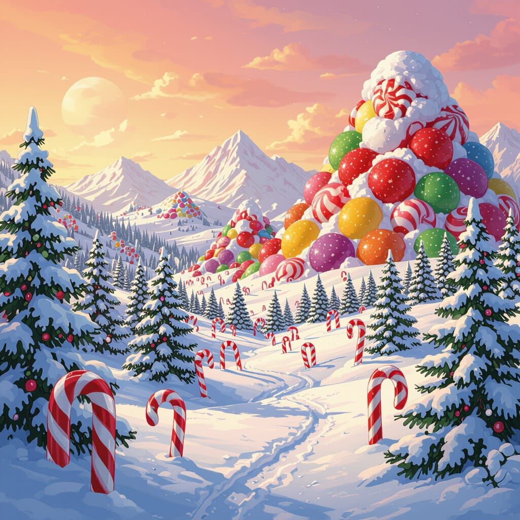 Candy Cane Forest & Gumdrop Mountains in Comic Art Style