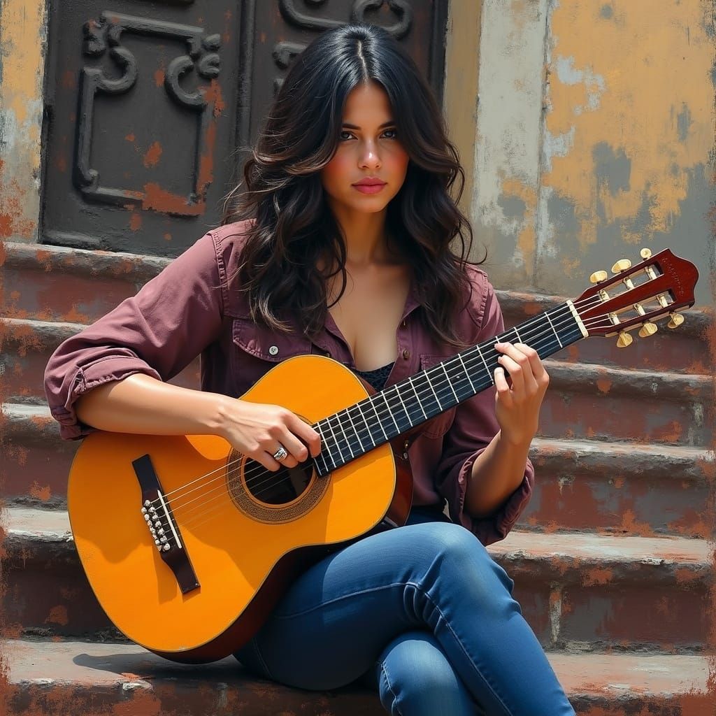 Sad Teacher with Guitar in Mexican Church, Neo-Impressionist...