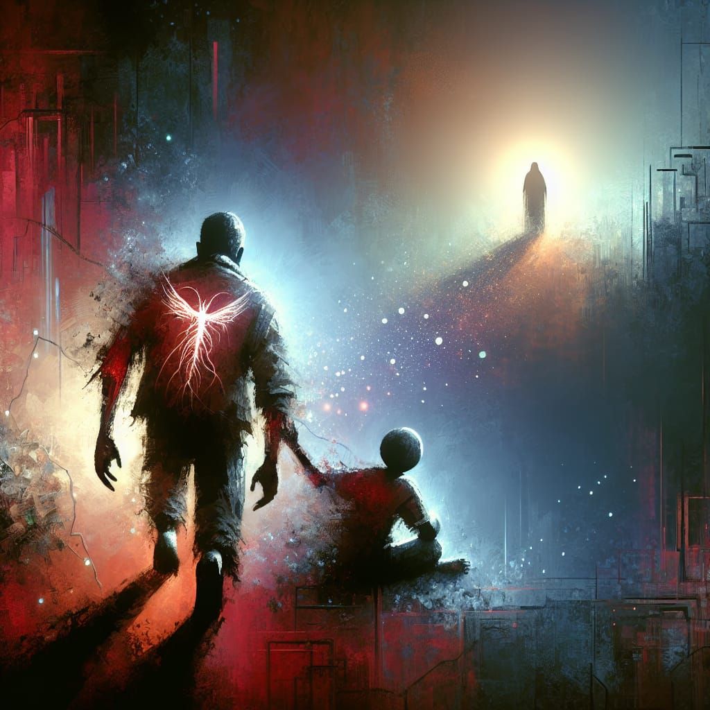 Emotional Painting of a Man Crawling Towards Light