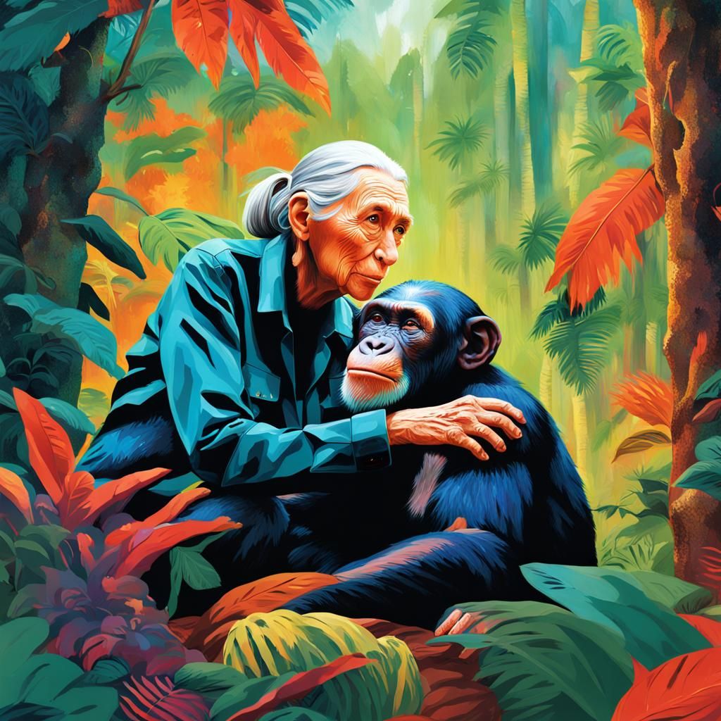 Jane Goodall and Chimpanzee in Colorful Forest
