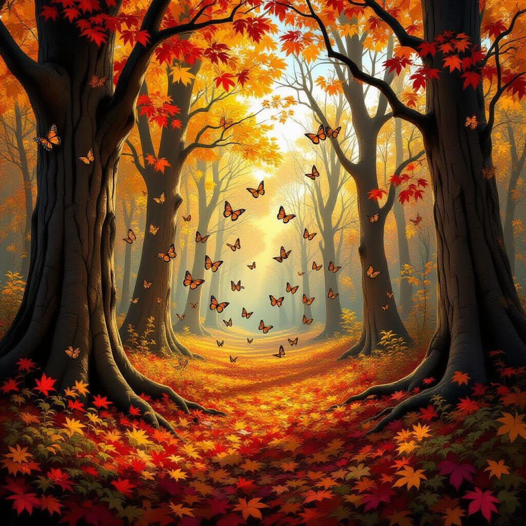 Monarch Butterflies in Autumn Forest with Golden Light