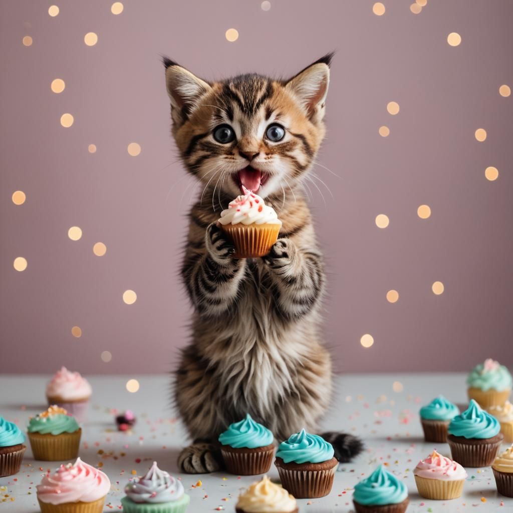 Kitten Eating Cupcakes in Professional Photography Style