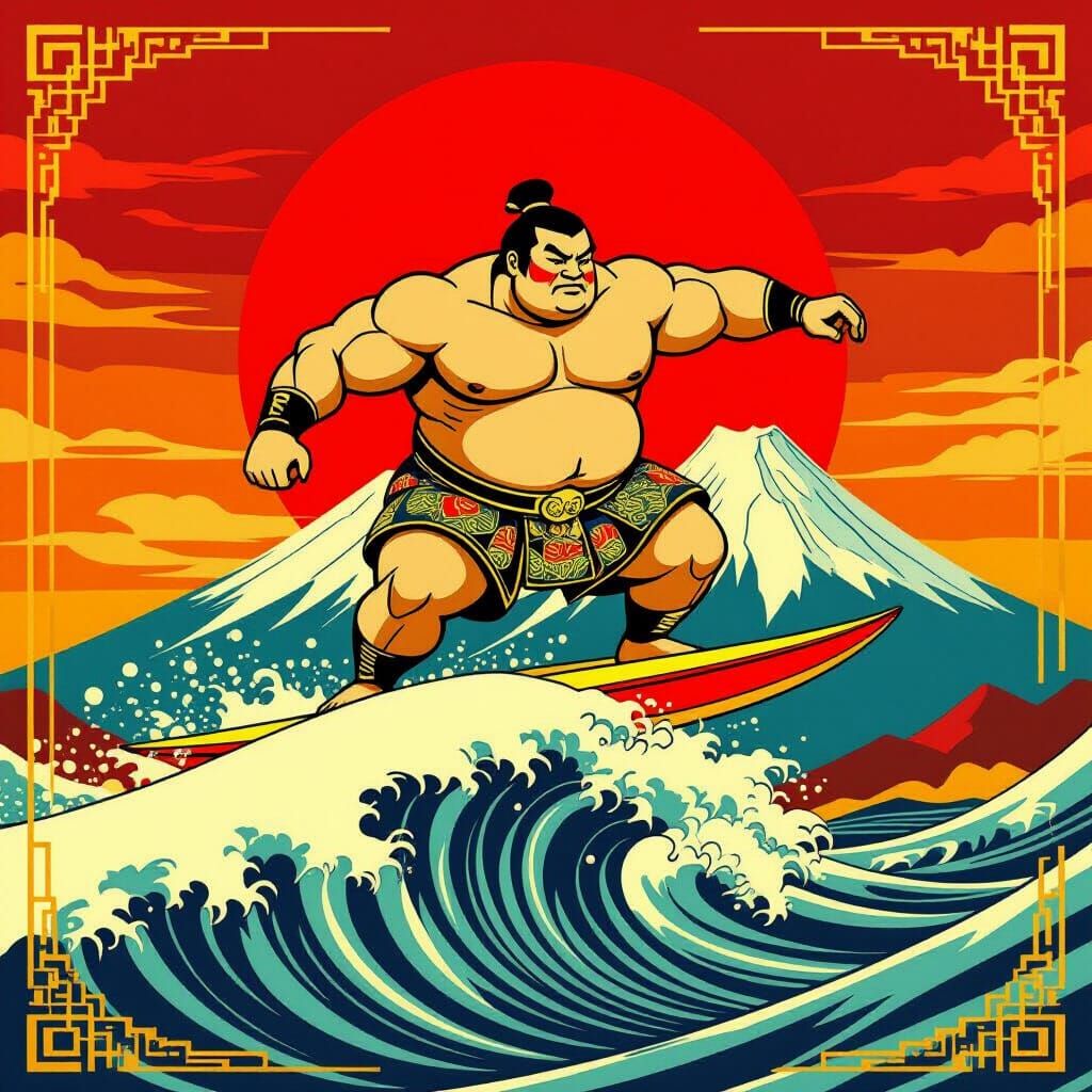 Art Deco Sumo Surfer Rides Wave with Red Sun and Fuji