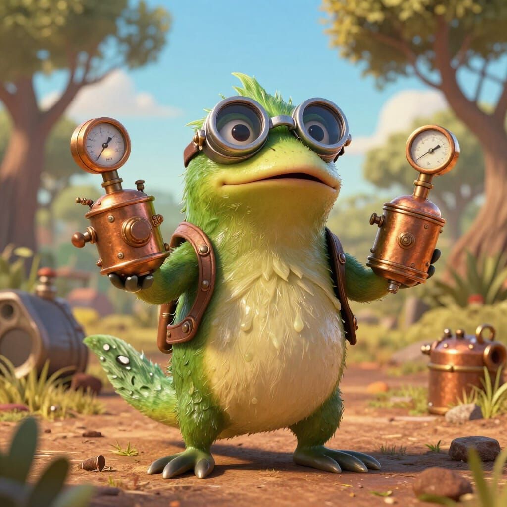 Heroic Cartoon Platypus Inventor in Steampunk Style