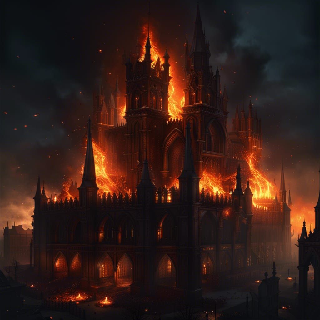 Burning Gothic City in Dark Fantasy Style