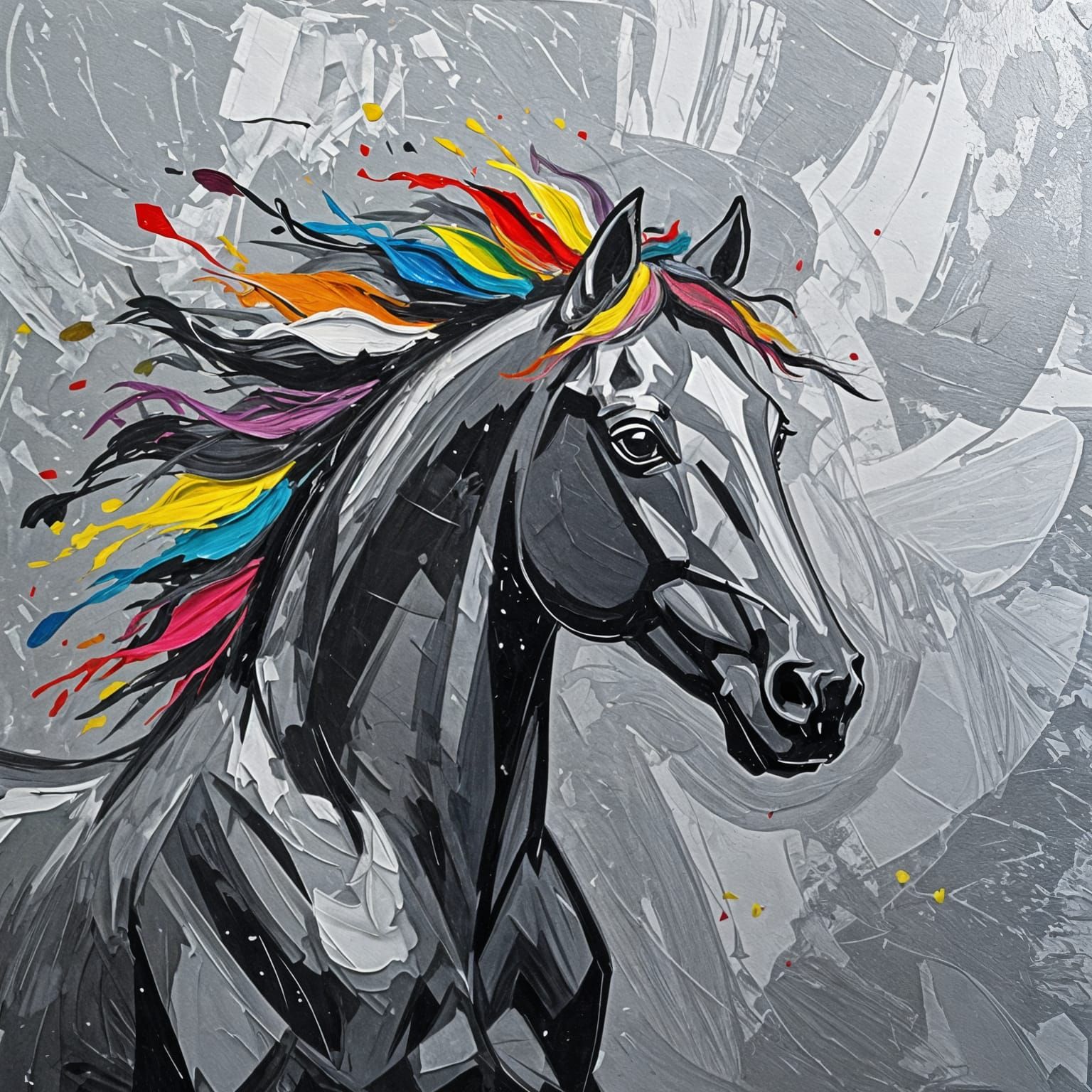 Impasto Horse Silhouette with Fiery Mane in Dynamic Gray Str...