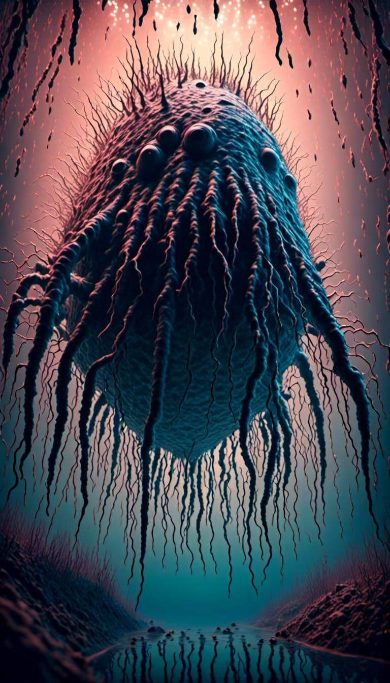 <lora:Into darkness:1.0> <lora:3D Mapping:1.0> Bizarre tardigrade floating in microbial fluid. Eight limbs. Sucker mouth...