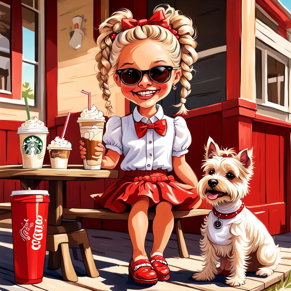 Girl with Dog Enjoying Frappuccino, Caricature Acrylic Paint...