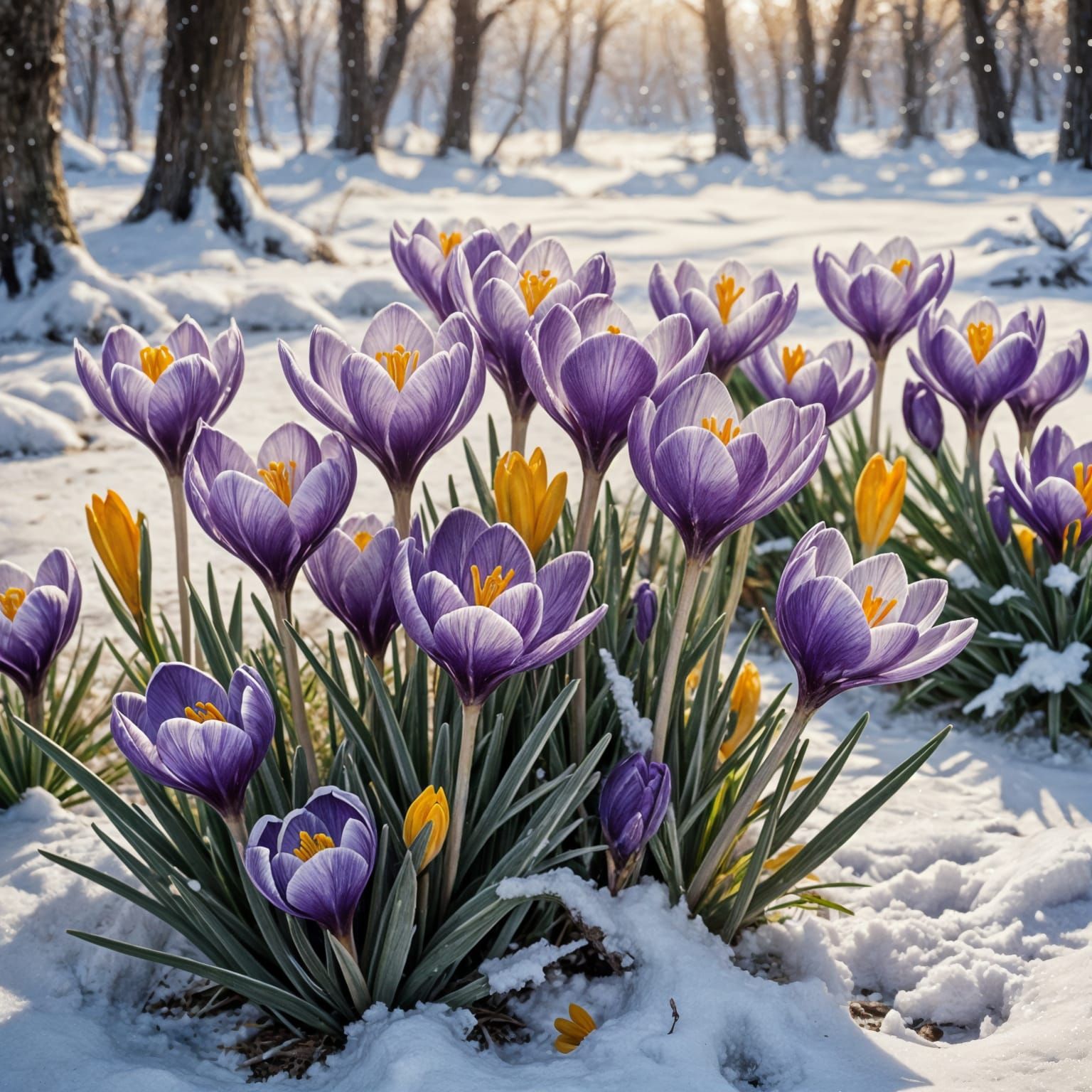 Spring Awakening: Vibrant Crocus Blooms in Snowy Landscape