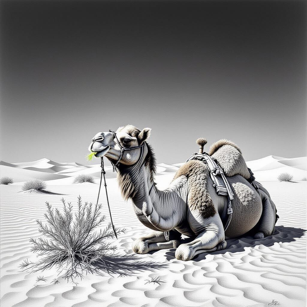 Photorealistic Camel Drawing in Arid Landscape