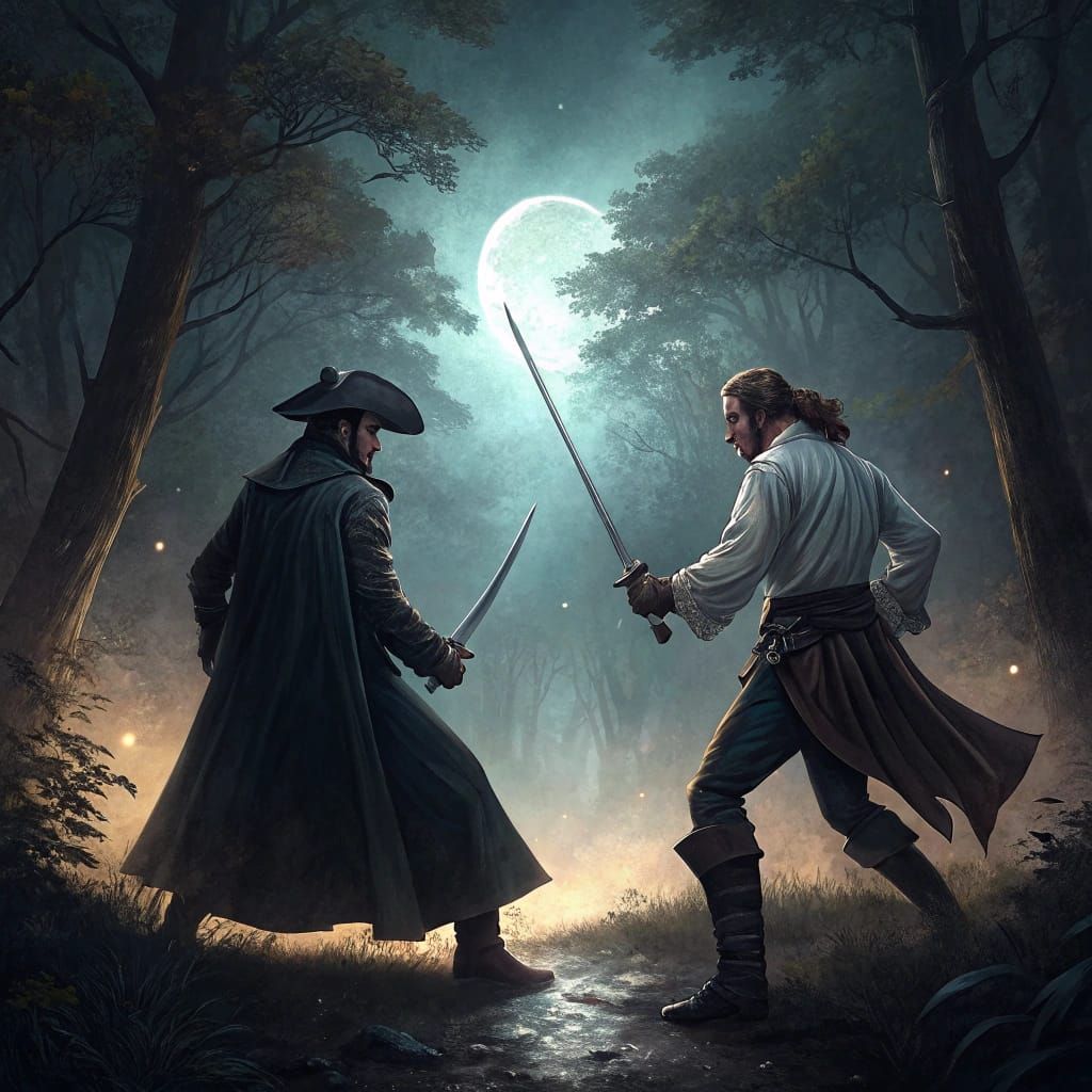 Moonlit Duel in Dark and Misty Woods, in the Style of Classi...