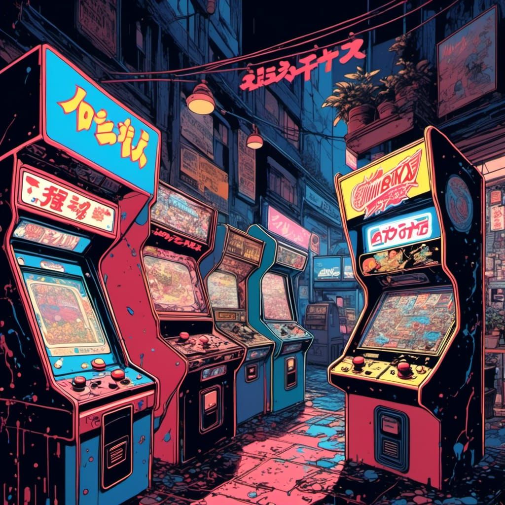 Retro Arcade at Night in Anime Style