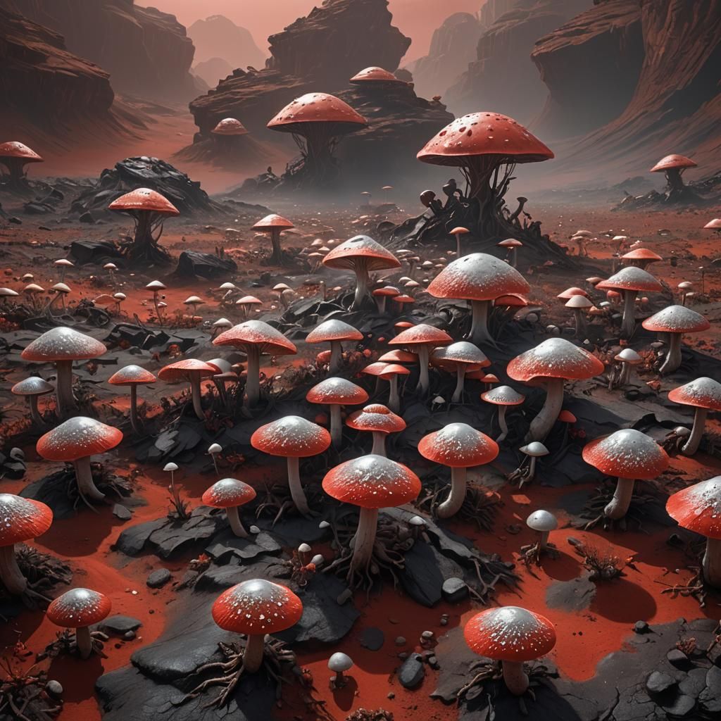Martian Dreamscape: Filigree Mushrooms in Dark Fantasy Art