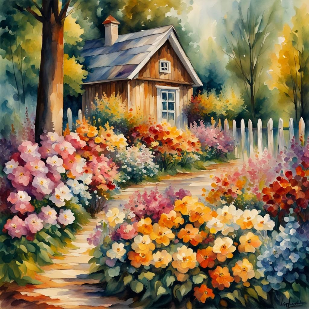 Blooming Flower Garden in Watercolor Style