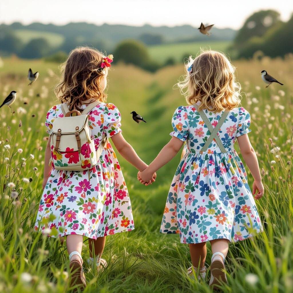 Girls Walking in Sunny Field: Whimsical Illustration