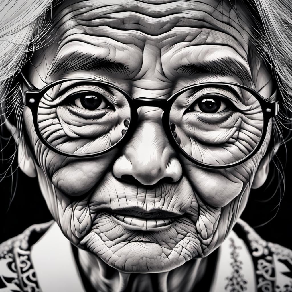 Detailed Ink Portrait of a Peaceful Asian Woman