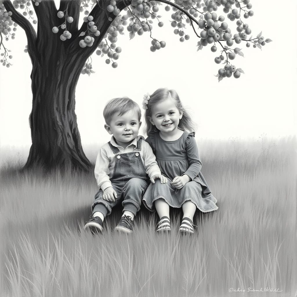 Two Children in Perfect Harmony Under an Apple Tree
