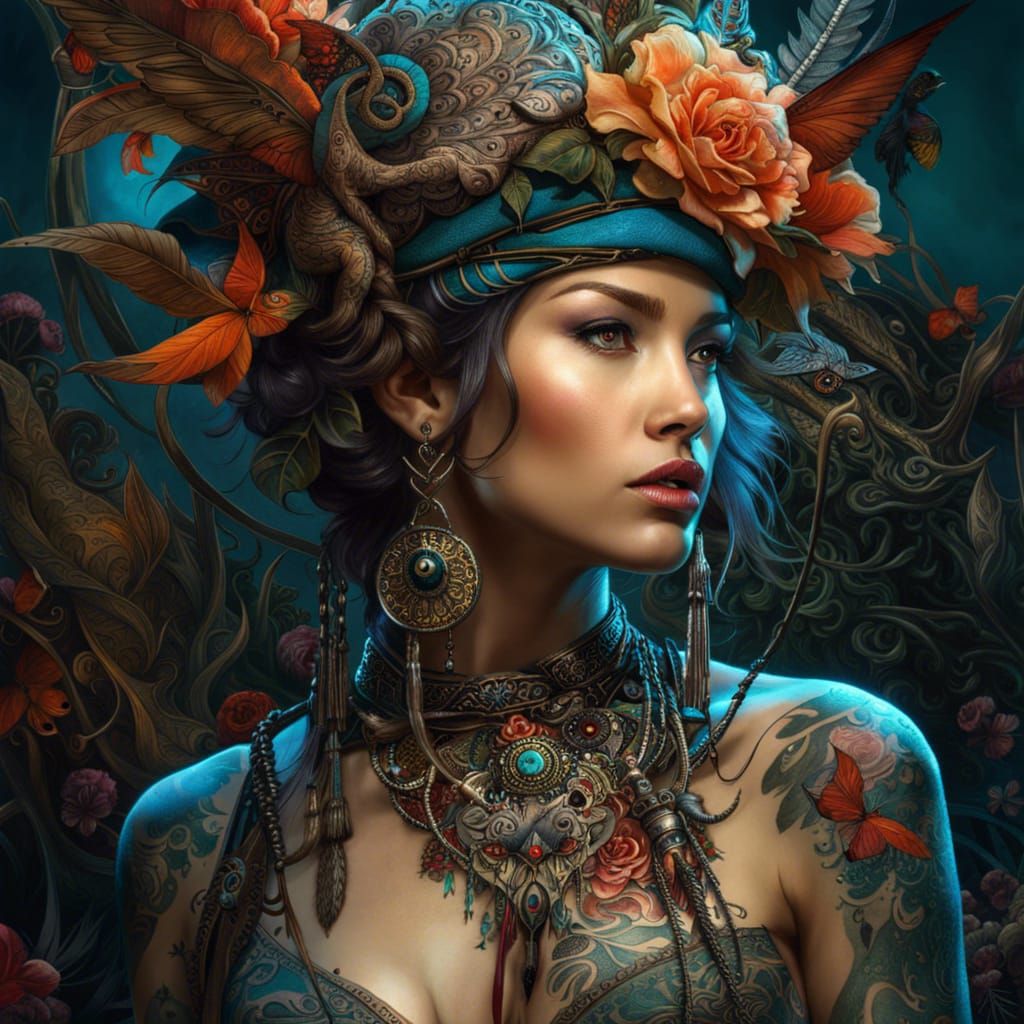 Tattooed Woman: Fantasycore Masterpiece in 8K