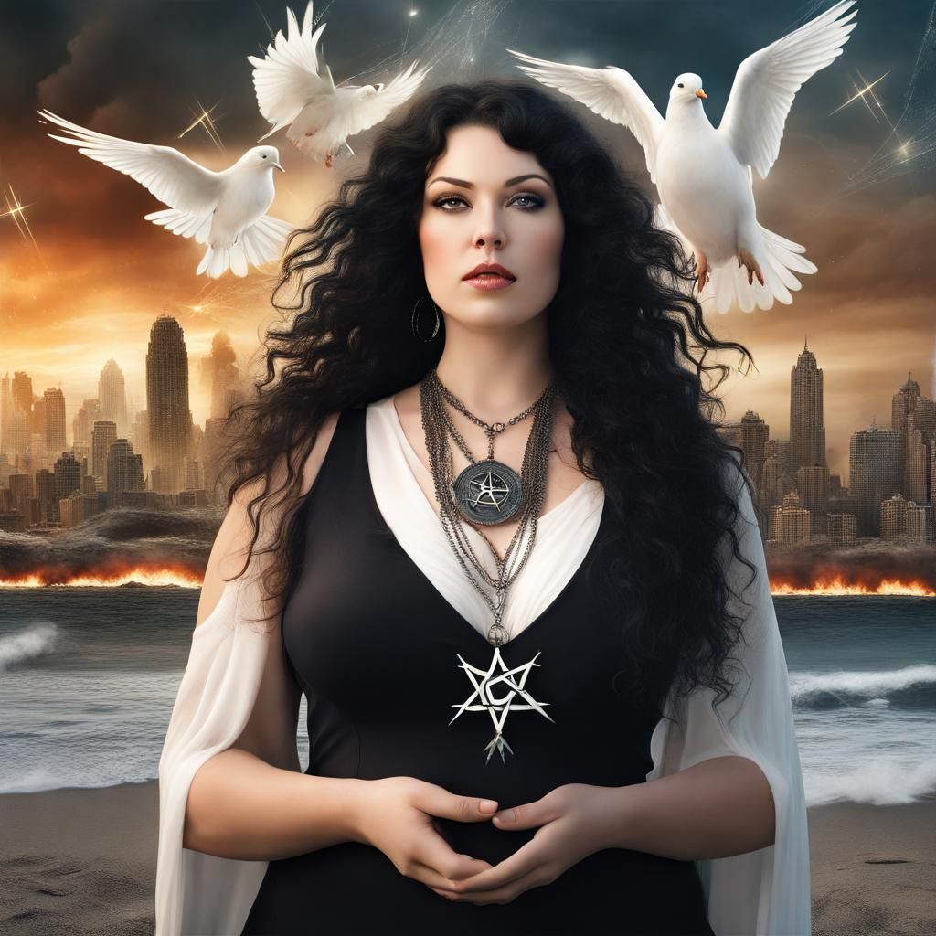 Wiccan Woman with Dove Amidst Meteoric Destruction