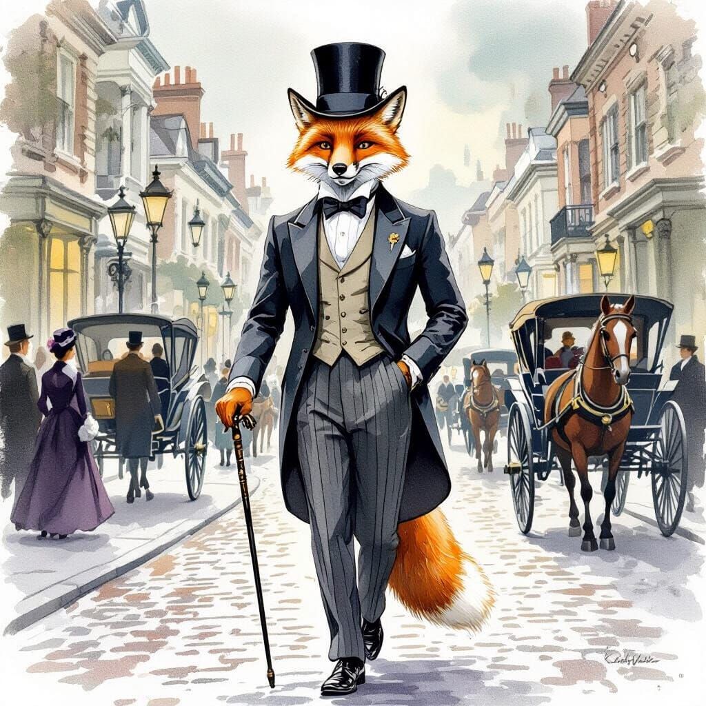 Victorian Fox Gentleman in Soft Watercolor Style