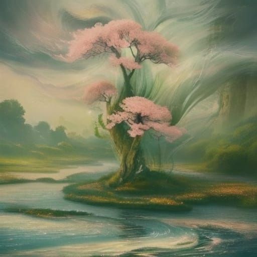 Surreal Double Exposure: Flowers Flowing Through River