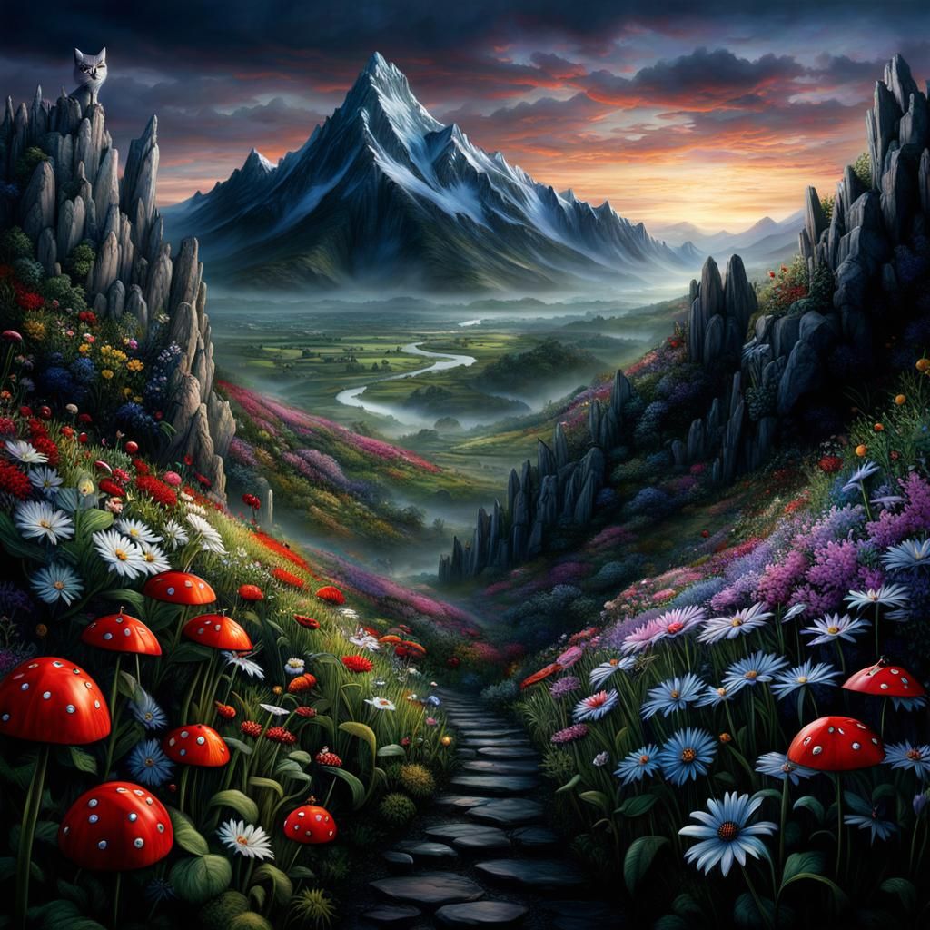 Creepy Cat on a Mountain in Tim Burton Style