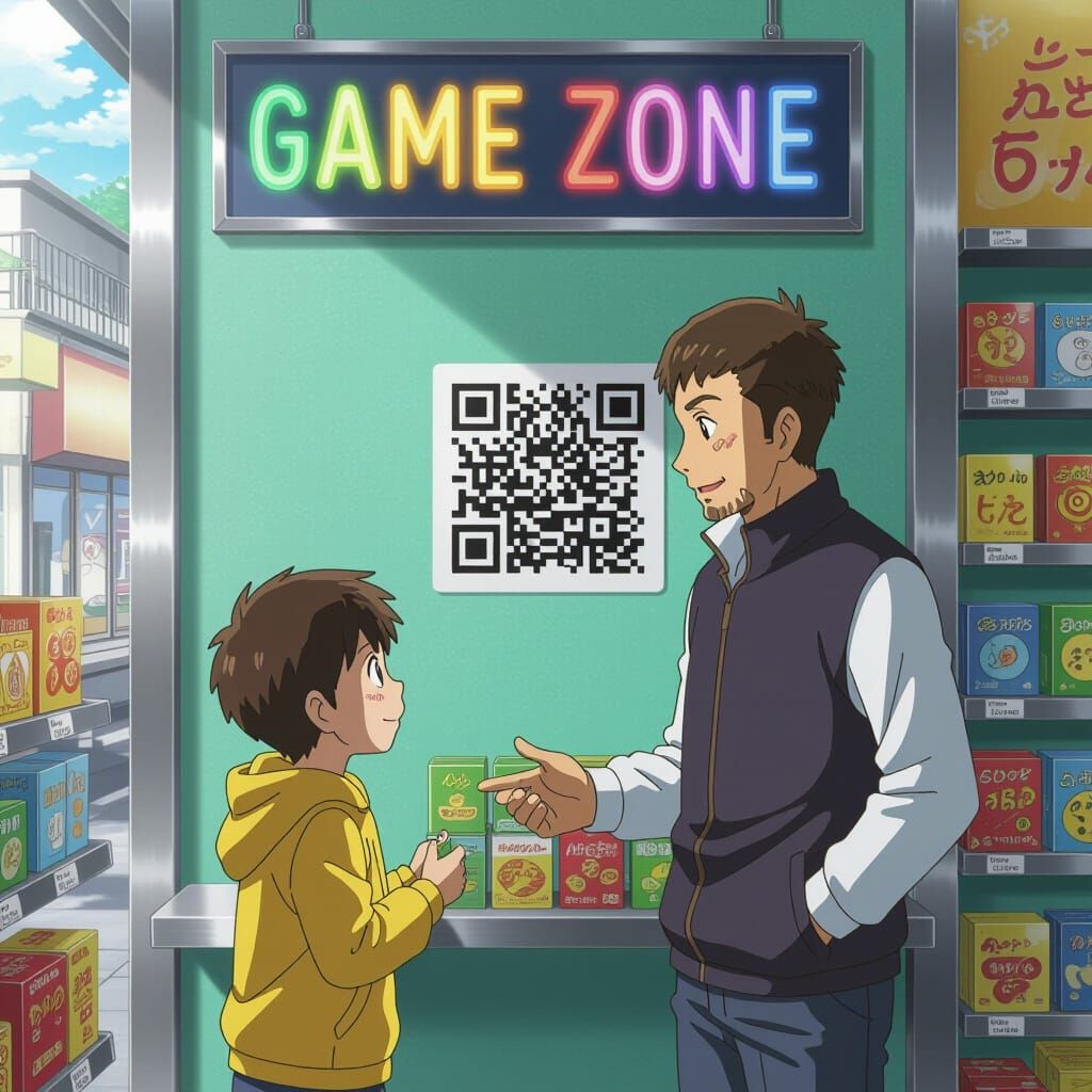 Father and Son Discover QR Code in Vibrant Game Zone