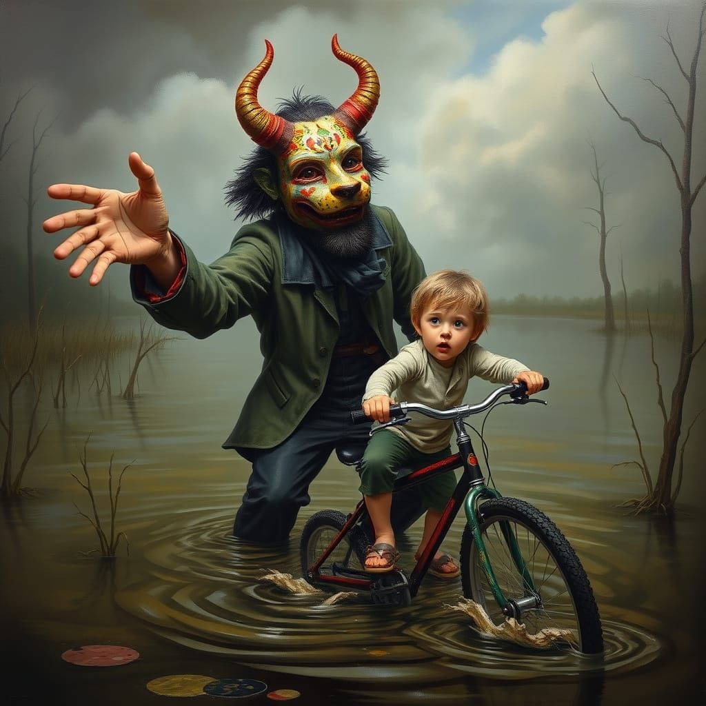 Man in Carnival Mask Reaching for Dissolving Child